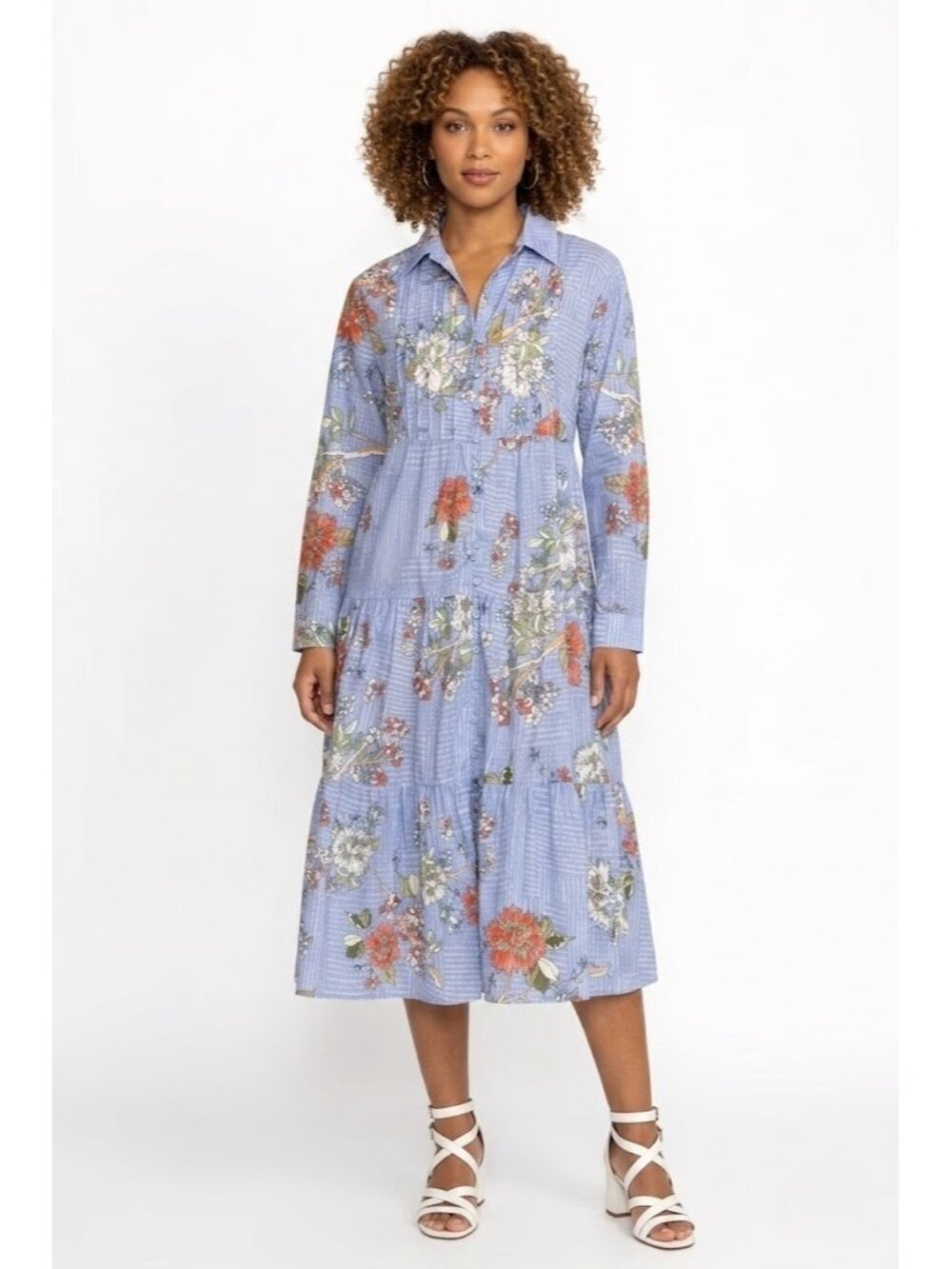NWT Johnny Was Mosaic Tiered Wanderer Midi in Blue Floral Cotton Shirt Dress M